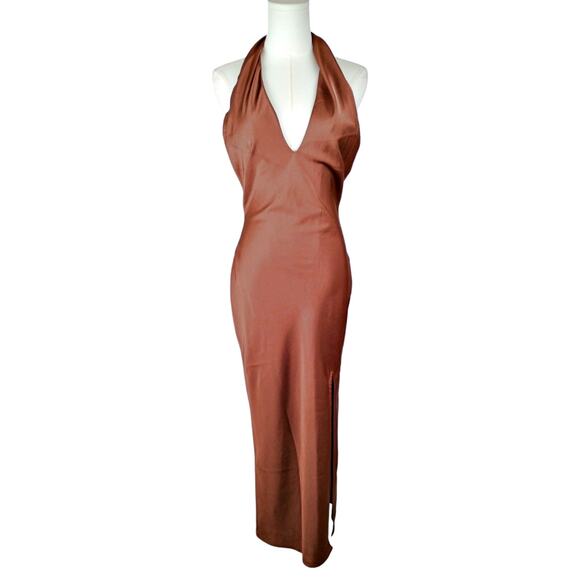 Lulus Beyond Classy Brown Satin Halter Midi Dress Backless Slit SM NWT - Picture 4 of 8